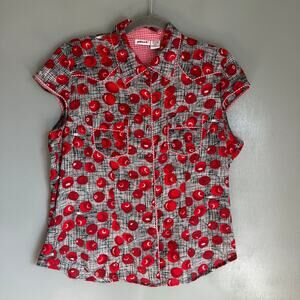 PUNCH Women's S/M Cherry Short Sleeve Western Style Lightweight Blouse Retro